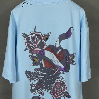 Camiseta con diamantes de imitación destruidos en la parte delantera y trasera