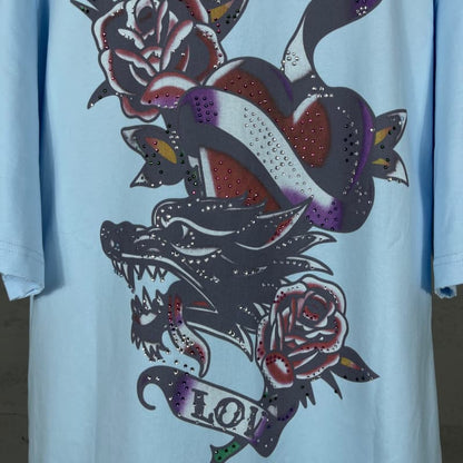 Camiseta con diamantes de imitación destruidos en la parte delantera y trasera