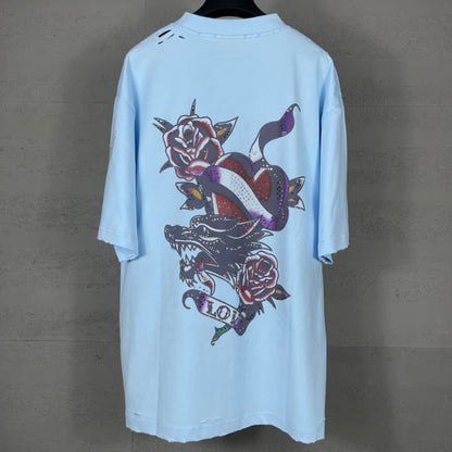 Camiseta con diamantes de imitación destruidos en la parte delantera y trasera