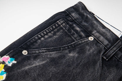 Black Graffiti Splash Paint Washed Denim Pants